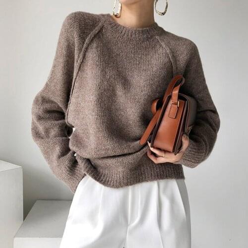 Pullovers Korea Chic Autumn Winter Round Neck Loose Solid Color Raglan Sleeves Warm Thickened Long Sleeve Knitted Women Sweater