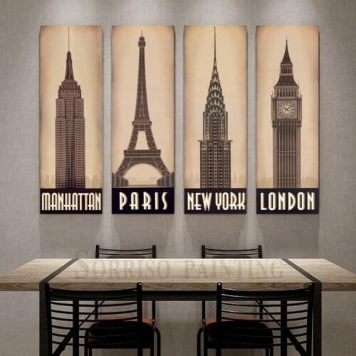Retro Nostalgia Eiffel Tower Big Ben Empire State Building Canvas Painting Pictures Wall Art Posters Prints Home Living Decor
