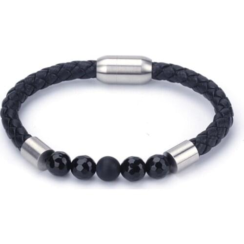 Angular Matte Black Onyx Stone Bead Stainless Steel Charm Magnet Lock Charm Genuine Leather Unisex Bracelet Bangle