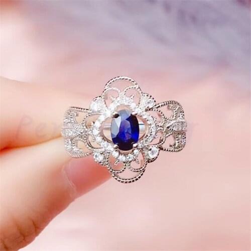Per jewelry Natural sapphire flower style ring 0.6CT gemstone Free shipping 925 sterling silver Fine jewelry R991203