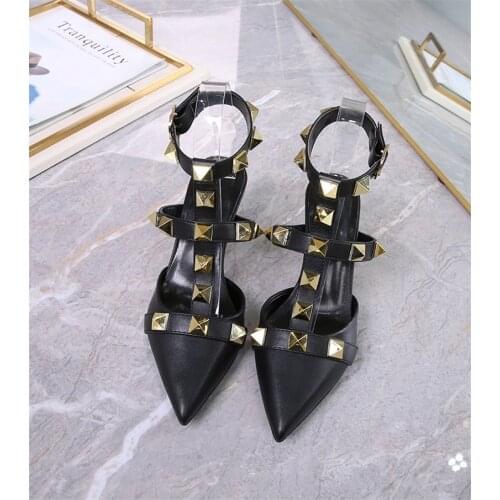 2021 Summer Fashion Gold Rivet Women Sandals Runway Hollow Out Pointed Toe High Heels Shoes Ladies Party Pumps Shoes