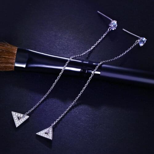 Long Real Sterling silver earrings elegant crystal triangle design jewelry female OL jewellery long chain 925 earring