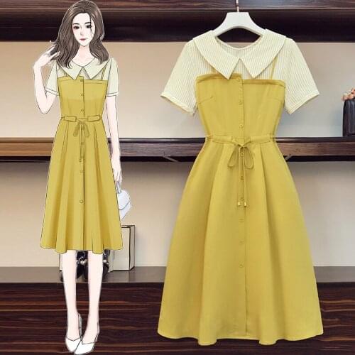 Summer plus size Robes Femme fashion stripe stitching fake two-piece dress pastel Dress Female Clothes for Women