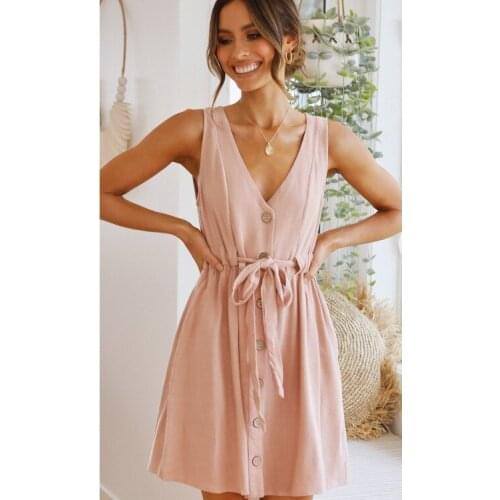 Happie Queens women solid sleeveless beach Bohemian mini dress Ladies v-neck cotton Boho sundress vestidos