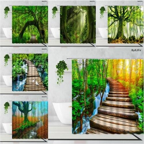 3D Foggy Forest Landscape Shower Curtain Green Plants Tree Corridor Natural Scenery Bathroom Accessories Sets Decor Curtains