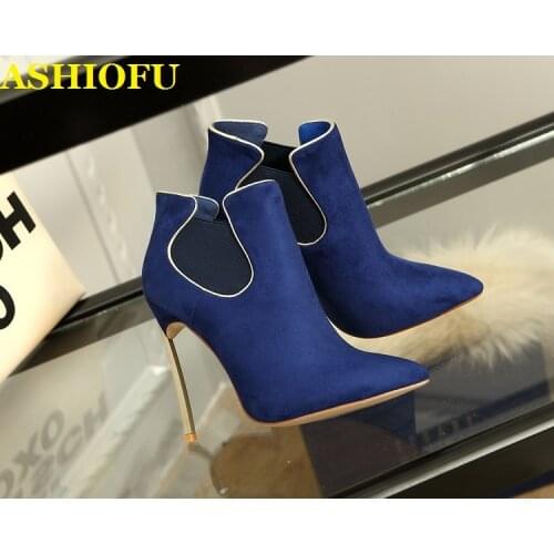 ASHIOFU Handmade New Womens High Heels Boots Faux-suede Plating Heel Ankle Boots Pointed-toe Evening Fashion Short Boots Shoes