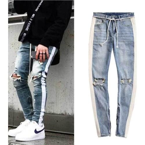 Men 'side Stripe Jeans Zipper Designer Stretch Broken Hole Black Jeans Hip Hop Haulage Motor Elastic Waist Joggers Pants