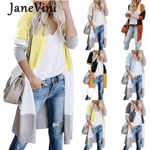 JaneVini Patchwork Women Long Knitted Cardigan Sweaters 2021 Fashion Autumn Slim Thin Cardigan Female Streetwear Sweater Jacket