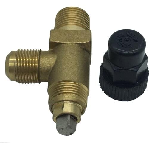 Brass angle shutoff valve with SAE flare to NPT adapter working as service valves for liquid receivers and suction accumulators