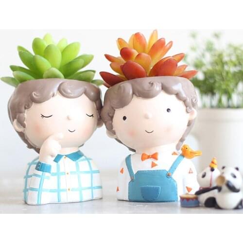 Cartoon Teenager Resin Flower Pot Ornaments Simulation Figurines Miniature Model Potted Plants Holder Container Desktop Decor