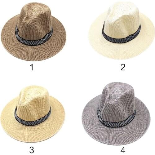 Men Unisex Summer Beach Straw Sun Hat Ethnic Vintage Extra Large Wide Brim Jazz Bucket Cap Hollow Out Twill Knitted Ribbon Beach