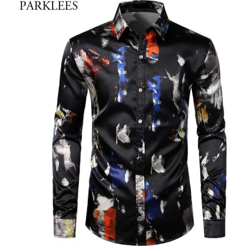 Colorful Print Silk Shirt Men Fashion Splashing Ink Mens Dress Shirts Smooth Satin Party Men Long Sleeve Camisa Social Masculina