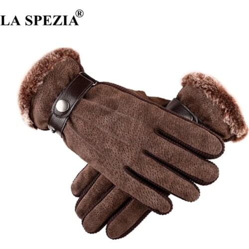 LA SPEZIA Pigskin Gloves Men Genuine Leather Winter Gloves With Fur Thermal Male Touch Screen Antiskid Gloves Bicycle Waterproof