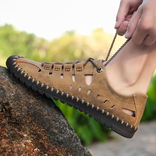2019 New Summer Men Genuine Leather Sandals Business Casual Shoes Men Outdoor Beach Sandals Roman Men Summer Water Shoes Size 48