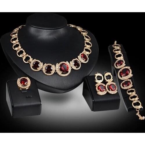 Wedding Bridal Accessories Gold Color Crystal Green Red Zircon Pendant necklace earrings Ring women Wedding bridal jewelry sets