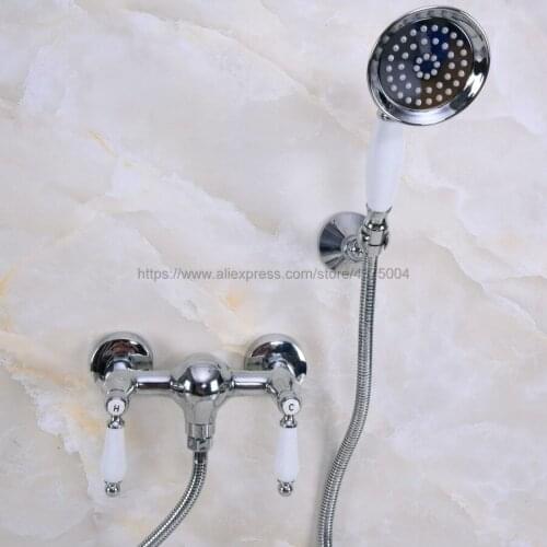 Wall Mounted Bathroom Faucet Chrome Bath Tub Mixer Tap With Double Ceramic Handle Hand Shower Head Shower Faucet Sets Nna281