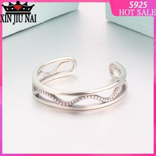 New S925 sterling silver network celebrity with the same fashion retro wild Thai silver hollow water ripple opening female ring