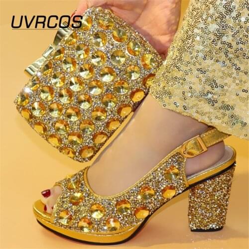 New Arrivals Sweet Golden Color 2021 High Quality Lady Shoes and Bags Comfortable Matching Shoes and Bag for Party Elegant