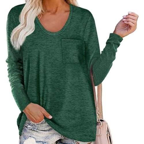 Solid T-shirt Woman Long Sleeve Tops Tee Shirts Pocket Casual Loose O-neck Top Spring Autumn Female T Shirt