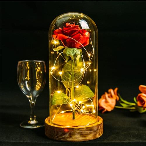 Dropshipping Red/ White/ Black Eternal Rose Flower In Glass Dome with LED Light Wooden Base Valentine Christmas Gifts for Women