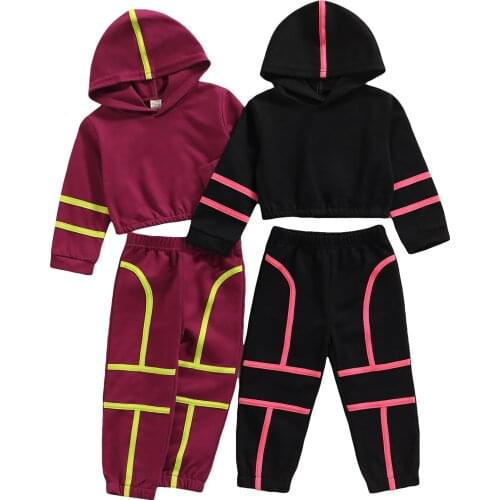 Infant Kid Baby Girl Casual Two-piece Clothes Set, Variegated Color Hooded Pullover and Elastic Waist Pants, Black/ Fuchsia 1-5T