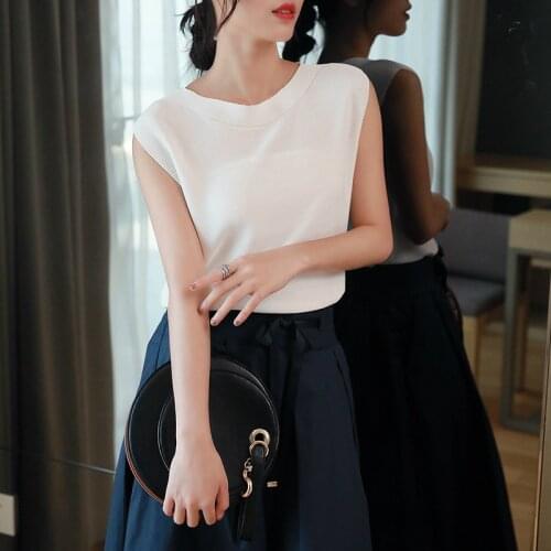 Sheer Casual Summer T Shirt for Women Sleeveless Ice Silk Brief Soft Woman T-shirts Black White Blue Knitted T Shirt Feminina