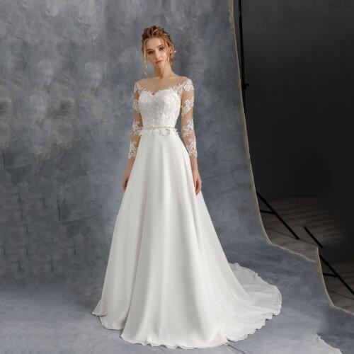 2020 Wedding Dresses Chiffon A Line Sheer O Neck Long Sleeve Bridal Gowns Beading Belt Applique Lace Plus Size R