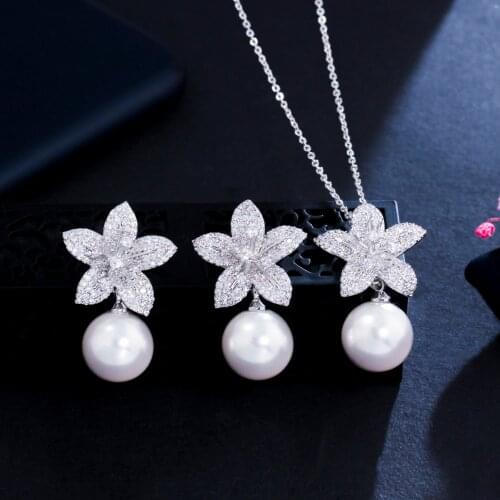 ThreeGraces Fashion Cubic Zirconia Unique Flower Simulated Pearl Earrings and Pendant Necklace Prom Jewelry Set for Women JS534