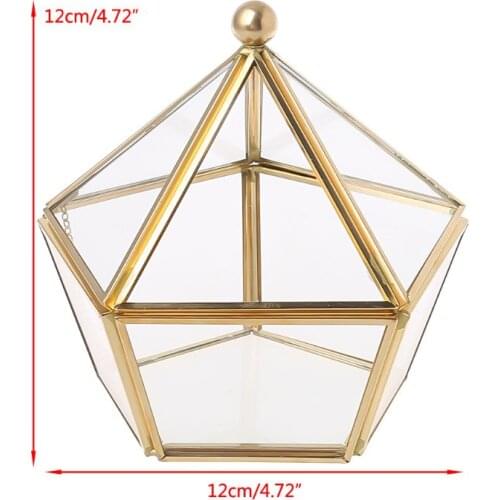 Vintage Decorative Jewelry Chest Geometric Terrarium Window Box Storage Display Case Pentagon Shape Clear Glass and Brass Tone