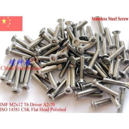 Stainless Steel Screws M2x12 ISO 14581 Flat Head Torx T6 Drive A2-70 Polished 100 pcs
