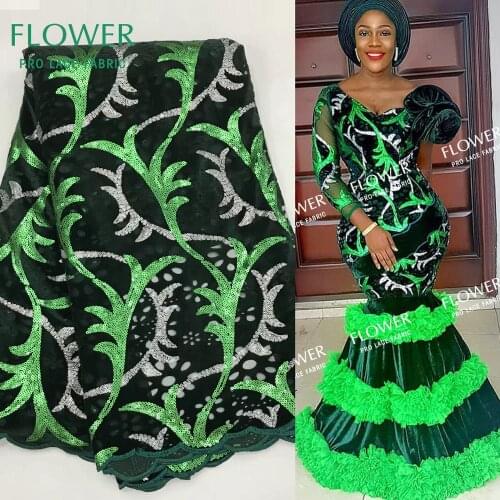 Green Color African Velvet Lace Fabrics With Sequins 2020 High Quality Velvet Lace For Wedding Prom Dress Sewing Laces Material