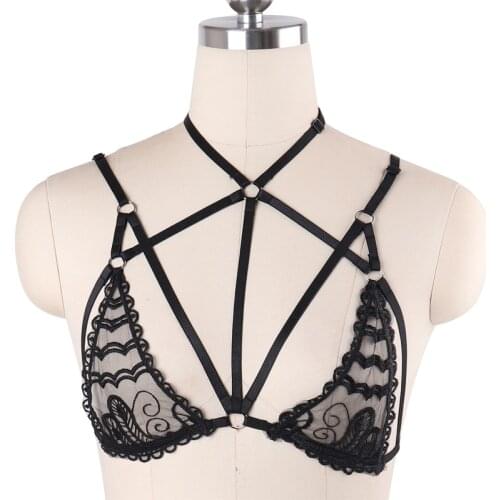 Fetish Sexy Lingerie Rave Prom Body Harness Cage Bralette Tops Cage Bra Black Lace Women Bondage Harness Gothic Harness
