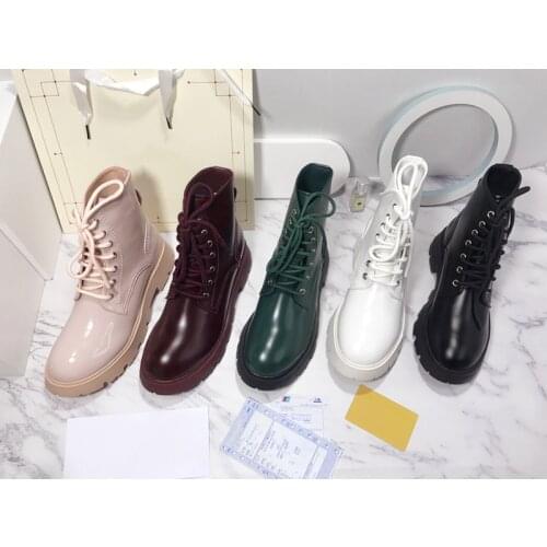 2021 Women Lady Black leather round toe Lace up MARTIN BOOTS Platform botas femininas flat Short boots Luxury Designers Brand