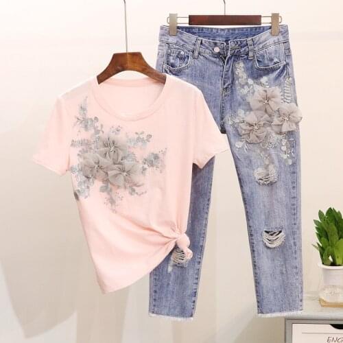 Denim Suit Female Summer 2021 New Heavy Industry Embroidery Three-dimensional Flower Short-sleeved T-shirt+Hole Embroidery Jeans