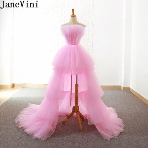 JaneVini Bruidsmeisjes Jurk Women Pink Bridesmaid Dresses High Low Tulle Short Front Long Back Party Gown Wedding Guest Dress
