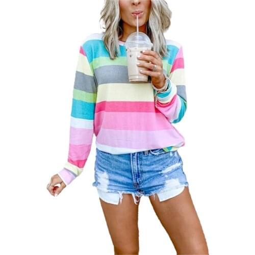 2021 Fall Women Long Sleeve Horizontal Stripes Classic Round Neck Casual Tee Tops Female T-shirt