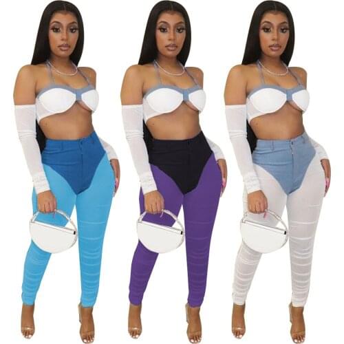 Adogirl Sheer Mesh Patchwork Fake Denim Trousers Women Sexy High Waist See Through Pencil Pants Women Club Party Clothing