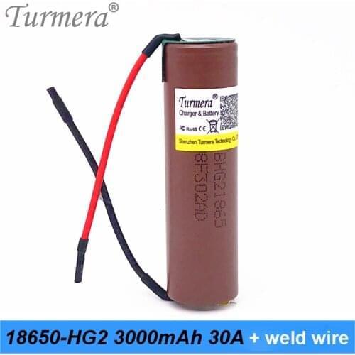 Turmera 18650 HG2 3000mah Battery 30A Soldering Wire for 12V 16.8V 21V Screwdriver Electric Tool Battery and Vacuum Cleaner Use