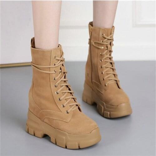 Chunky Platform Fashion Sneakers Women Lace Up Genuine Leather Wedges High Heel Ankle Boots Female Winter High Top Pumps Shoes
