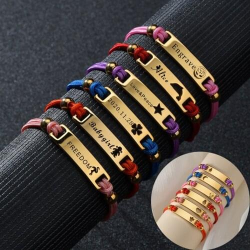Engrave Name Letter Bracelet For Women Girl Adjustable Colorful Rope Chain Customized Bracelet Stainless Steel Jewelry Kids Gift