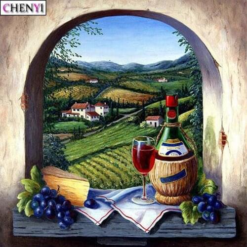 CHENYI 5D Diamond Pattern Rhinestone Needlework Wine Diy Diamond Painting Cross Stitch Pastoral Scenery Diamond Embroidery Decor