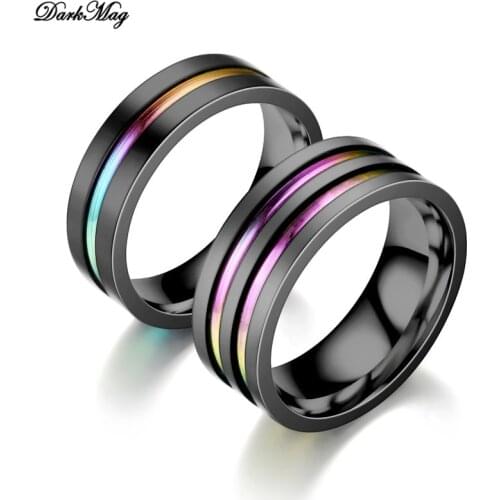 DarkMag Black Stainless Steel Basic Ring for Men With Rainbow Line Classic Male Wedding Band Multi Color Jewelry Fraternal Rings