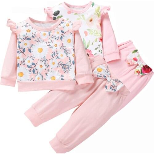 Winter Fall Newborn Baby Girl Little Daisy Floral Cotton Lounge Set Children Long Sleeve Top Sweater Bow Long Pants Clothes Set