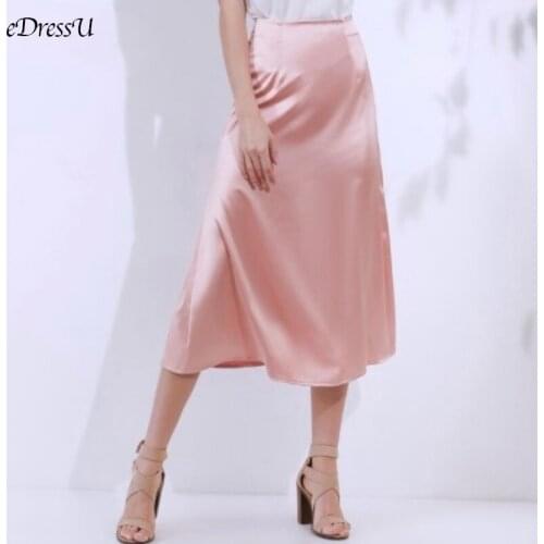EDressU 2021 Satin Midi Skirt A-Line Long Skirt High Waist Pink Bottom Daily Office Lady Skirt LS-20018