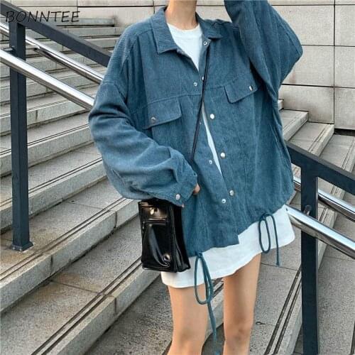 Basic Jackets Women Autumn Corduroy Vintage Pockets Single Breasted Solid Turn Down Collar Chic Ulzzang BF Ins Korean Students