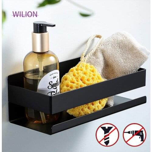 Matt Black No Drilling Adhesive Bathroom Shelf Stainless Steel Material Widely Used In Kitchen and Easy Put On The Wall