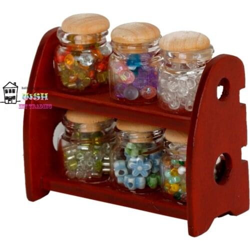 1/12 Miniature Glass Spice Pot Bottle Jars Rack Dollhouse Kitchen Device Accessory Classic Toy Pretend Play Dollhouse Decoration