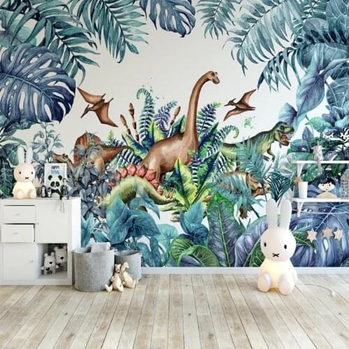 Custom Photo Wallpaper For Walls 3D Hand Painted Plant Leaves Cartoon Dinosaur Mural Childrens Room Bedroom Decor Wall Painting
