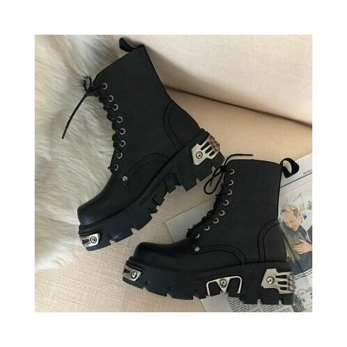Okkdey 2020 new Platform Women Ankle Boots Womens Motorcycle Boot Fashion Ladies Chunky Shoes Metal Decor Black BIG size 43 44