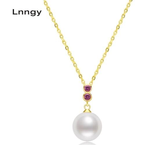 Lnngy 18K Yellow Gold Necklace 9-9.5mm Natural Freshwater Pearl Red Tourmaline Pendant Necklace Women Gift with Silver Chain